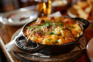 Savory Baked Mac and Cheese Dish, A Creamy Indulgent Comfort Food with Melted Cheese and Herbs, Served in Cast Iron Skillet, Perfect for a Cozy Night In, Delicious and Satisfying Culinary Creation.