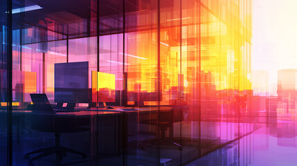 vibrant office interior with colorful reflections and stunning sunset view through glass walls, creating dynamic and inspiring atmosphere