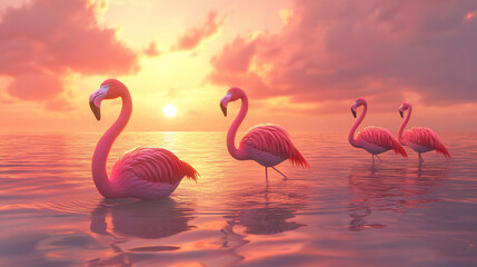 Naklejka premium Dreamy Lagoon Sunset with Pink Flamingos, Cinematic Warm Tones Ultra HD