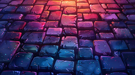 Fototapeta premium Abstract Pixel Art Brick Wall with Blue and Purple Hues Digital Cobblestone Texture Design with Retro Style Pattern