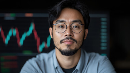 Obraz premium focused financial trader analyzing market trends with digital currency charts in background
