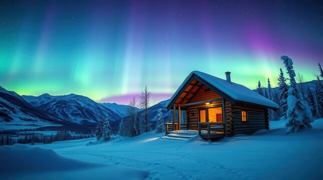  Snowy Cabin Under Vibrant Northern Lights in Winter Mountains
