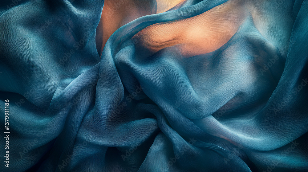 Poster close up shot of flowing teal fabric with soft folds and subtle light interplay creating depth and t
