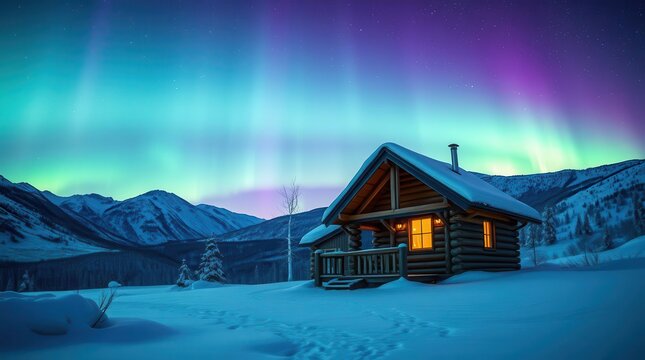  Snowy Cabin Under Vibrant Northern Lights in Winter Mountains
