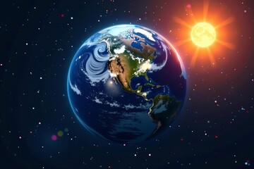 Earth rotating from night to day with sun rising and moon setting, moon, planet, orbit