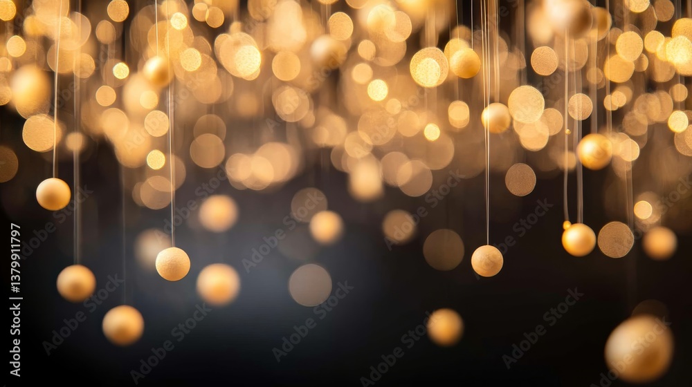 Poster golden particles are suspended in mid-air against a matte black surface, emanating a soft glow that 