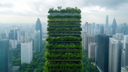 Obraz premium Futuristic cityscape featuring skyscraper adorned with greenery, showcasing urban sustainability