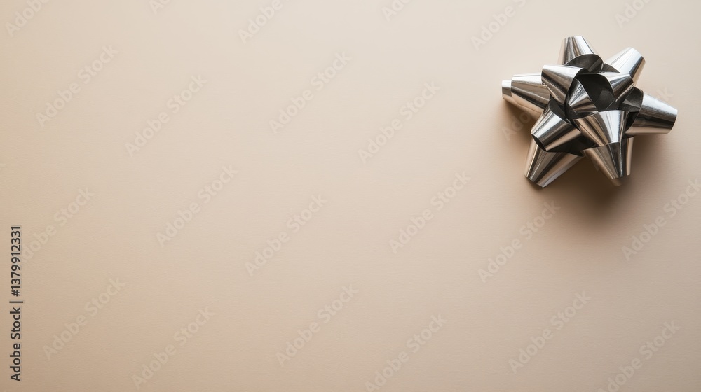 Poster This close-up shows a glossy silver gift bow with smooth ribbon loops on a light beige surface, creating an elegant presentation with soft shadows