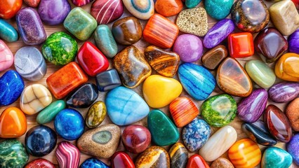 A vibrant collection of polished tumbled stones in a multitude of colors and patterns, showcasing the beauty of natural minerals.