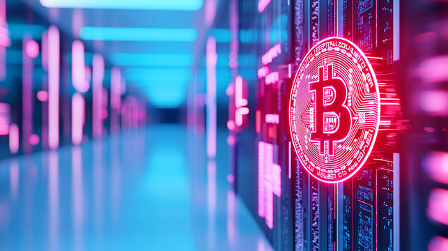 Digital cryptocurrency symbol glowing in modern data center, showcasing advanced technology and innovation in finance