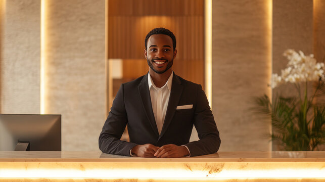Smiling hotel receptionist in elegant suit behind a modern reception desk with warm lighting and floral decorations, offering a professional and welcoming check-in experience for guests. Copy space