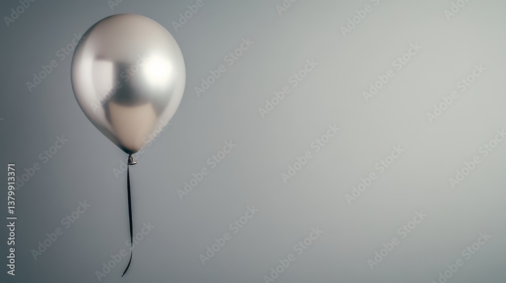Poster a close-up side-angle view showcases a single metallic silver balloon reflecting soft light, tied wi