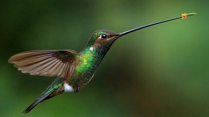 Fototapeta premium Ultra Rare Sword Billed Hummingbird Drinking Nectar With Extraordinary Long Beak