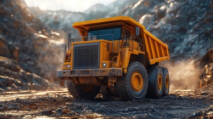 A large industrial dump truck travels through a rugged mountainous landscape