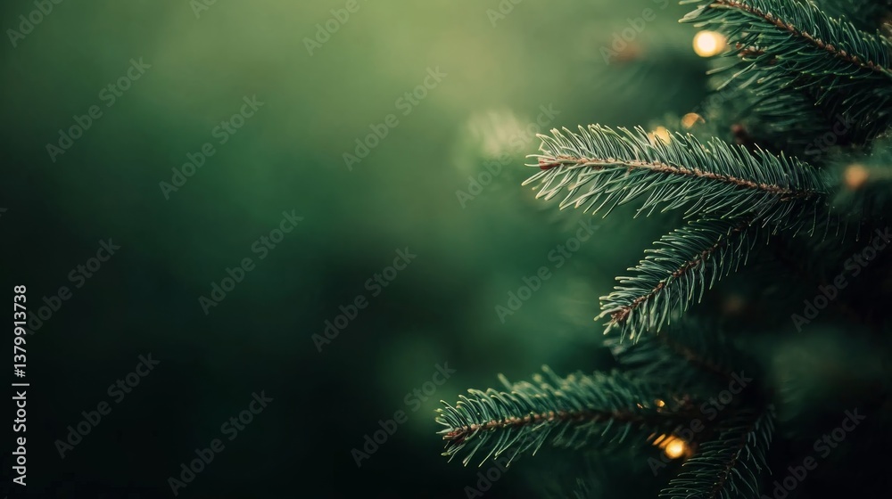 Poster this close-up showcases a christmas tree branch adorned with shimmering ornaments and tiny fairy lig