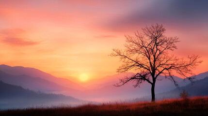 Fototapeta premium serene landscape featuring solitary tree silhouetted against vibrant sunset, with mountains in background and soft mist enveloping scene