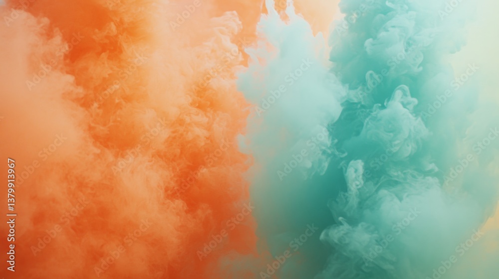 Poster close-up view of swirling smoke in shades of orange and teal, showcasing artistic shapes and texture