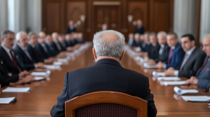 formal government policy meeting discussing economic reform with officials seated around long