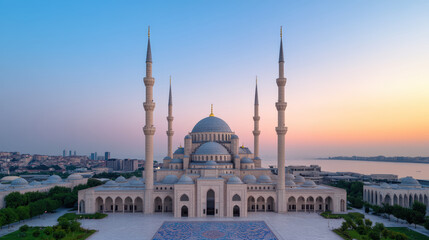Obraz premium grand mosque with towering minarets and intricate architecture, bathed in sunset hues