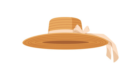 Straw hat with ribbon bow. Summer beach headwear. Elegant female head accessory with brim. Classic fashion headdress, sun protection. Flat graphic vector illustration isolated on white background