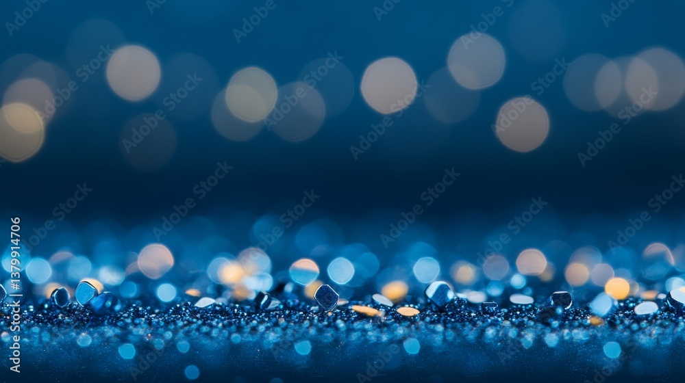 Poster close-up view of sapphire glitter sparkles set against a blurred deep blue backdrop, creating a rich