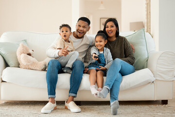 Shocked, family and watching tv at house with streaming movie for love, care and bonding support in...