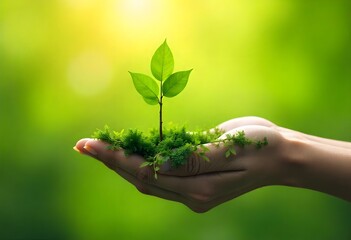 Generative AI A delicate sprout rests in gentle hands, symbolizing hope and ecological awareness with the warmth of nature's embrace