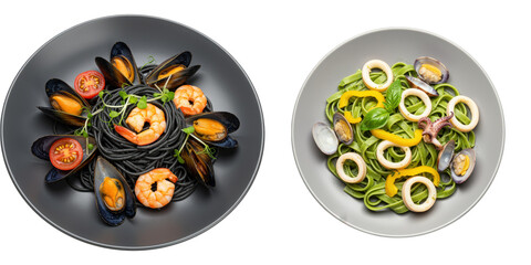 Black squid ink pasta with shrimp and mussels alongside green pasta with calamari.