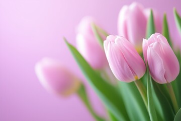 Fototapeta premium Close-up of fresh pink tulips on pastel background symbolizing love and spring