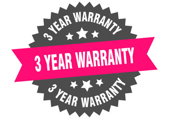 3 year warranty. 3 year warranty round pink label isolated on transparent background