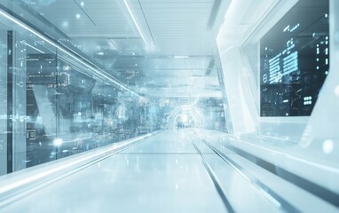 Obraz premium Futuristic Corridor Glimpse of Cyberpunk Cityscape Data Screen