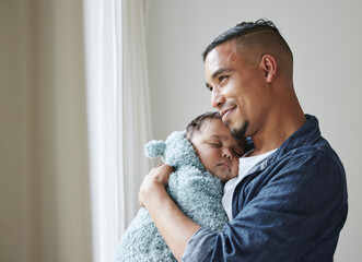 Father, baby sleeping and hug in home, happy newborn and relax in nursery for parent bonding. Dad,...