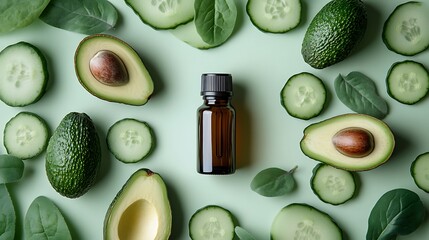 A label-free essential oil bottle in the center of a pale green background, with avocado halves arranged symmetrically, cucumber slices layered like scales, and green tea leaves fanned around it.