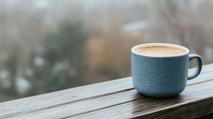 cozy cup of cocoa resting on wooden balcony, inviting warmth and comfort
