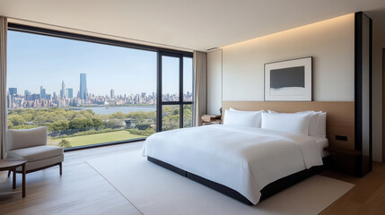 Obraz premium Luxurious hotel suite with stunning city skyline view, offering comfort and elegance
