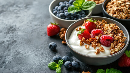 Hotel breakfast buffet display with yogurt bowl topped with raspberries and granola, surrounded by fresh fruits, vegetables, seeds, and cereals, symbolizing healthy and balanced morning meals