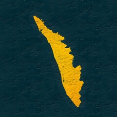 Kerala yellow map on isolated greenish textured background. High quality coloured map of Kerala, India.