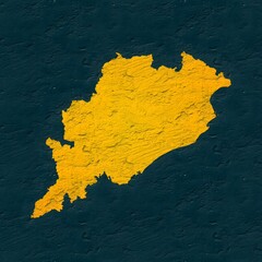 Odisha yellow map on isolated greenish textured background. High quality coloured map of Odisha, India.