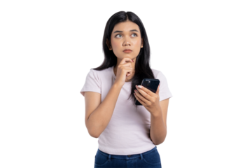 Pensive young Asian woman looking up, holding smartphone and thinking, isolated on transparent background