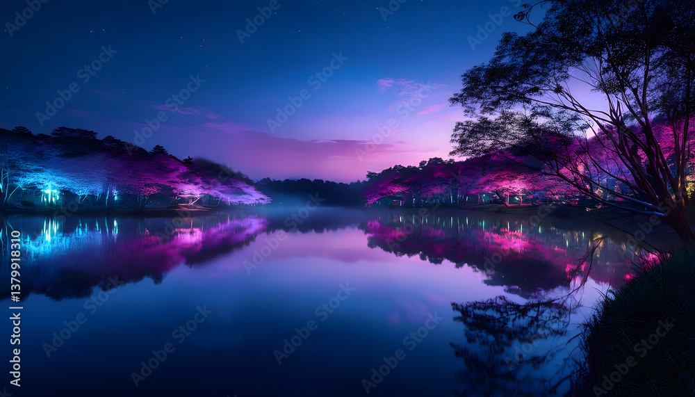 Aufkleber a serene lake at twilight, surrounded by vibrant trees reflecting vivid colors in the calm water, cr