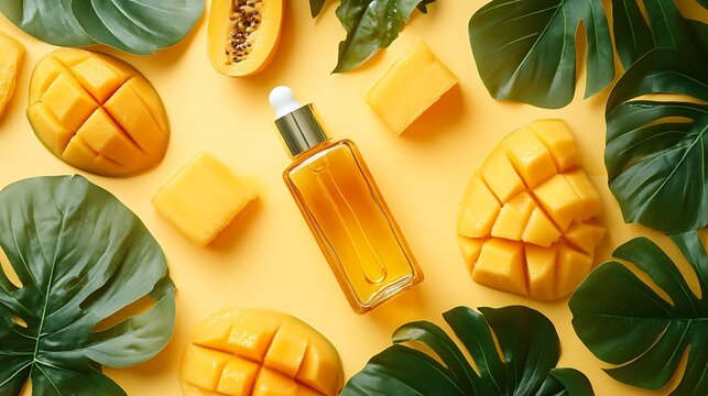 A tropical-themed flat lay with a clear glass oil bottle placed among scattered mango chunks, diagonally layered papaya strips, and overlapping monstera leaves on a pastel yellow background.