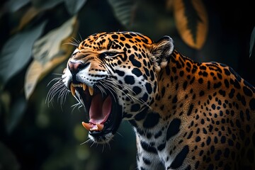 Obraz premium Jaguar roaring in the forest in dark attractive lighting style