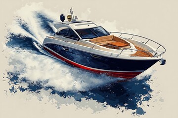 Fototapeta premium Luxury Yacht Cruising at High Speed with Splashing Water Illustration