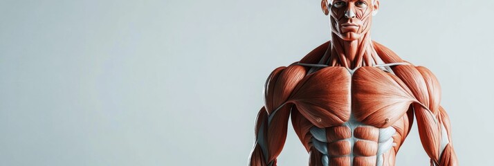 Detailed anatomical illustration of a muscular male figure displaying underlying musculature against a clean medical background
