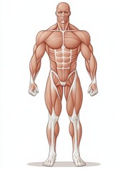 Muscular male anatomical illustration showcasing detailed muscle structure on a clean medical background