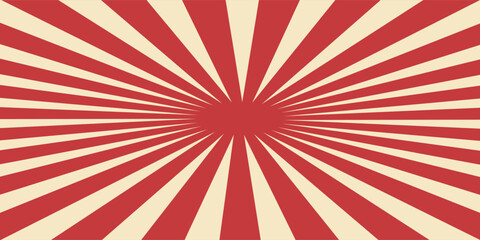 Red sunburst lines on yellow Background. Light sun rays pattern. Vintage stripes halftone radial wallpaper for poster, banner, advertising backdrop, comic or circus scene.