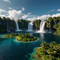 Obraz premium An island floating with waterfalls spilling into the sky, dreamy and imaginative.