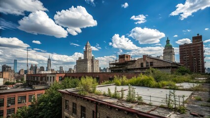 Fototapeta premium Soft clouds drift above urban rooftops; a photographer's blue sky canvas. Copy space abounds.