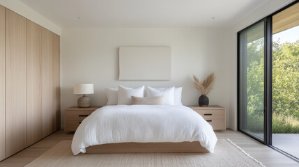serene minimalist bedroom featuring large white bed, natural wood furniture, and soft textures