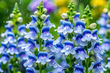 A snapdragon with thin, arching petals that come in stripes of blue and white